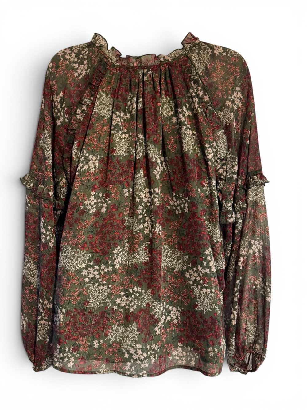 GORGEOUS Olive Floral Tie-Neck Peasant Blouse FALL!!! LARGE #W - Picture 7 of 11